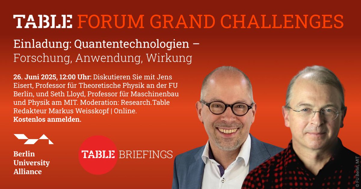 jenseisert's tweet image. Recently, Seth Lloyd and I discussed perspectives on #quantumtechnologies—particularly #quantumcomputing—with @m_weisskopf, who runs the @TableBriefings format for the @BerlinUAlliance. It was great fun. The recording can be found here.

berlin-university-alliance.de/table-grand-ch…