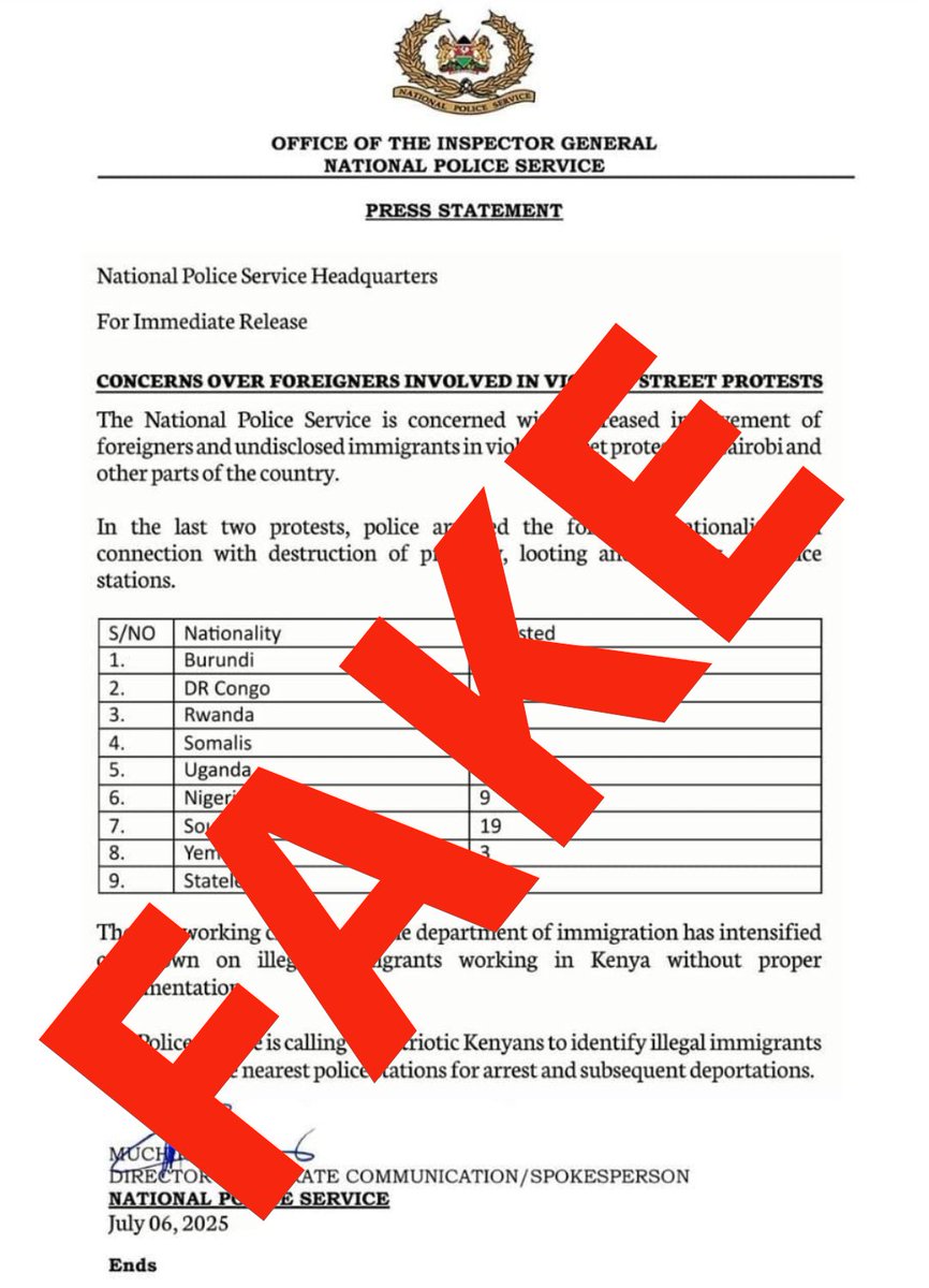 This press statement circulating on social media, purporting to be issued by the Spokesperson of the National Police Service, is fake.
