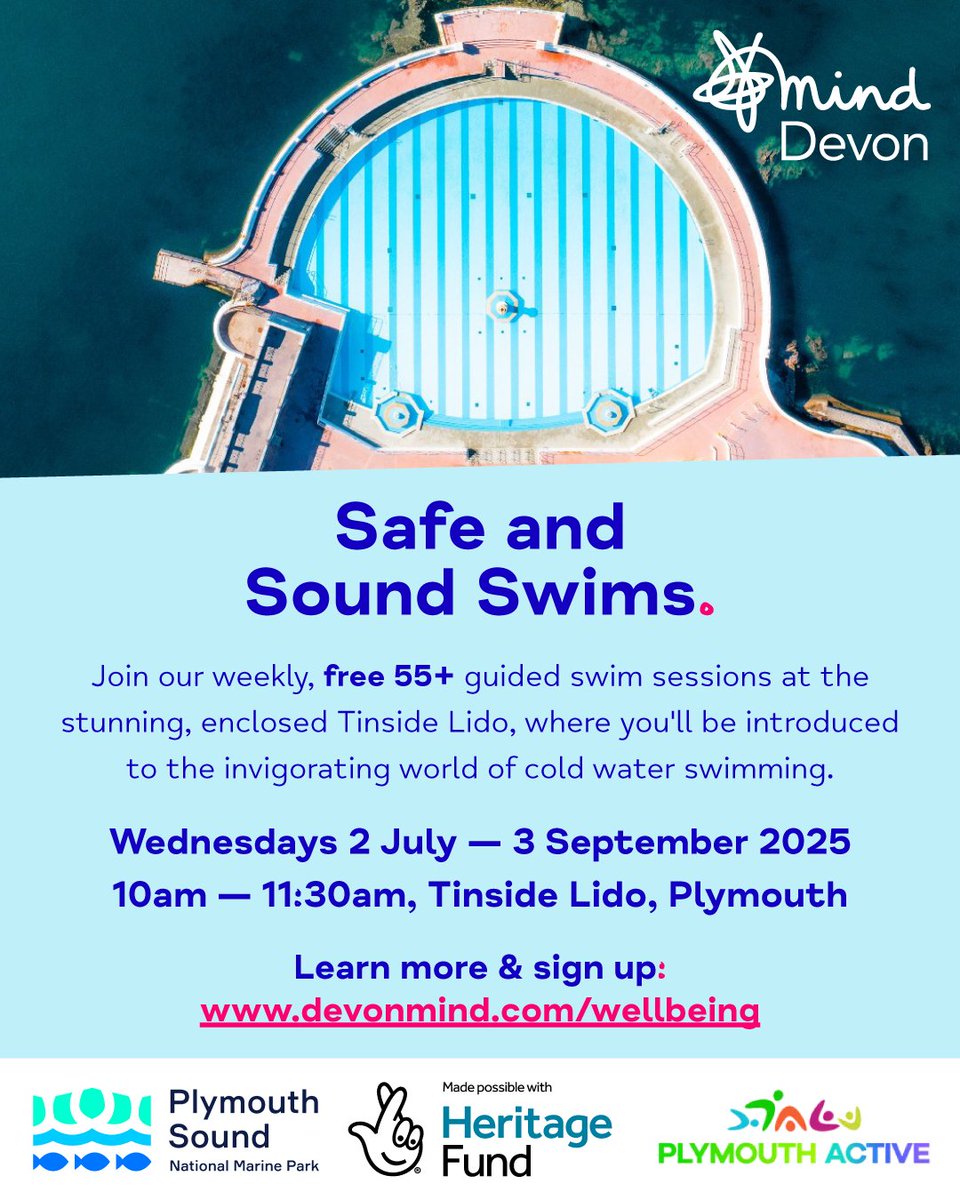 MindDevon's tweet image. New 𝗦𝗮𝗳𝗲 𝗮𝗻𝗱 𝗦𝗼𝘂𝗻𝗱𝘀 𝗦𝘄𝗶𝗺𝘀 at Tinside Lido, in partnership with @PlymSoundNMP &amp;amp; @ActivePlymouth!

Join our weekly, free 55+ guided swim sessions where you&apos;ll be introduced to the invigorating world of cold water swimming. 🏊‍♀️

Sign up here: loom.ly/ljTh2xI