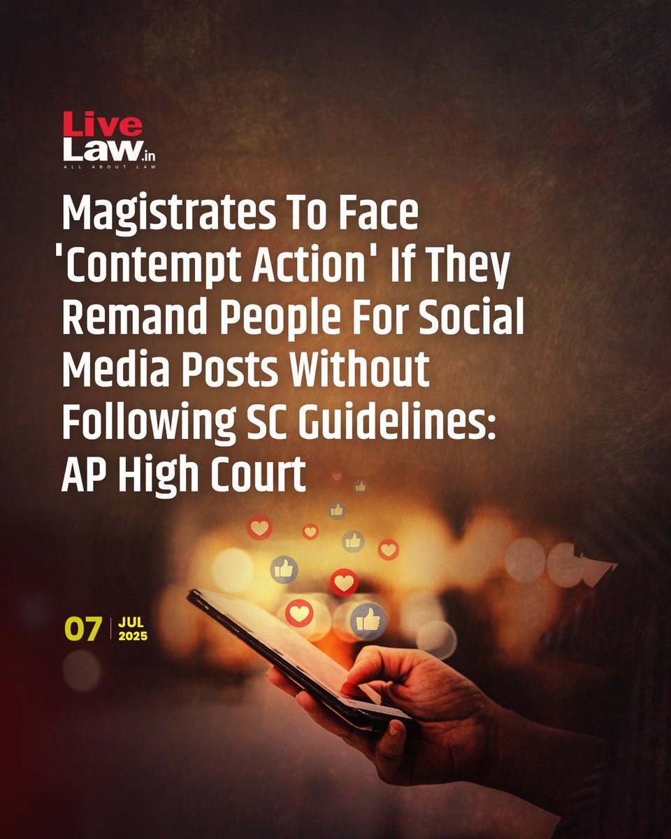 The #AndhraPradesh High Court, has in a recent circular, directed all judicial #magistrates to comply with the #law laid down in 'Arnesh Kumar judgment' before remanding accused, specially those booked in cases pertaining to #socialmedia posts.

The court has said that all