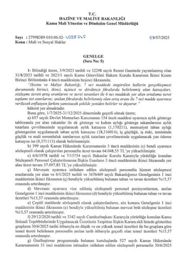 Hazine ve Maliye Bakanlığı, Temmuz ayı maaş katsayılarına dair Genelgeyi yayımladı.
Kaynak : <a href="/simerhukuk/">Simer Mevzuat ve Hukuk</a>