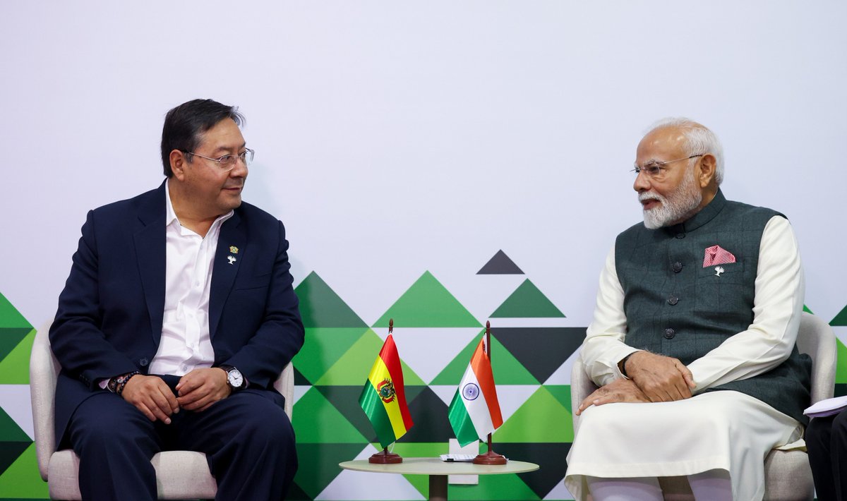 narendramodi_in (@narendramodi_in) on Twitter photo In Brazil, PM <a href="/narendramodi/">Narendra Modi</a> met Bolivian President <a href="/LuchoXBolivia/">Luis Alberto Arce Catacora (Lucho Arce)</a>. The leaders explored cooperation in key sectors including digital technology, critical minerals, healthcare, space and more. In Brazil, PM <a href="/narendramodi/">Narendra Modi</a> met Bolivian President <a href="/LuchoXBolivia/">Luis Alberto Arce Catacora (Lucho Arce)</a>. The leaders explored cooperation in key sectors including digital technology, critical minerals, healthcare, space and more.
