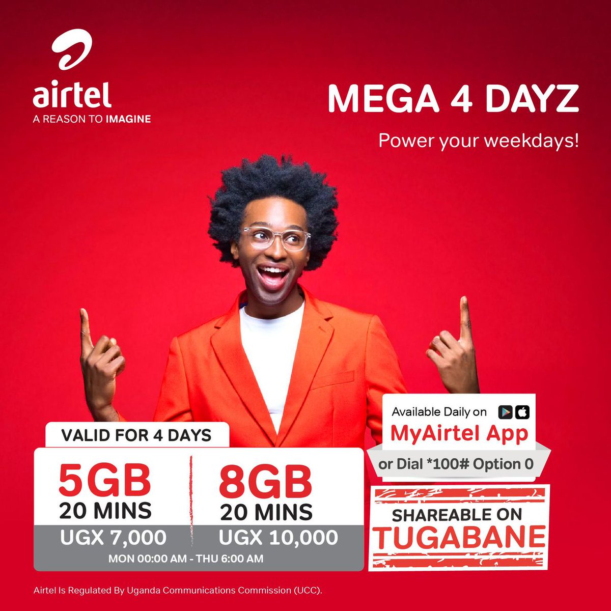 Get yourself #MEGA4DAYZZ and Keep scrolling, calling, and sharing with value-packed bundles that stretch across 4 days.

Dial *100*0# or use the MyAirtelApp;  
airtelafrica.onelink.me/cGyr/qgj4qeu2

#Mega4Dayzz