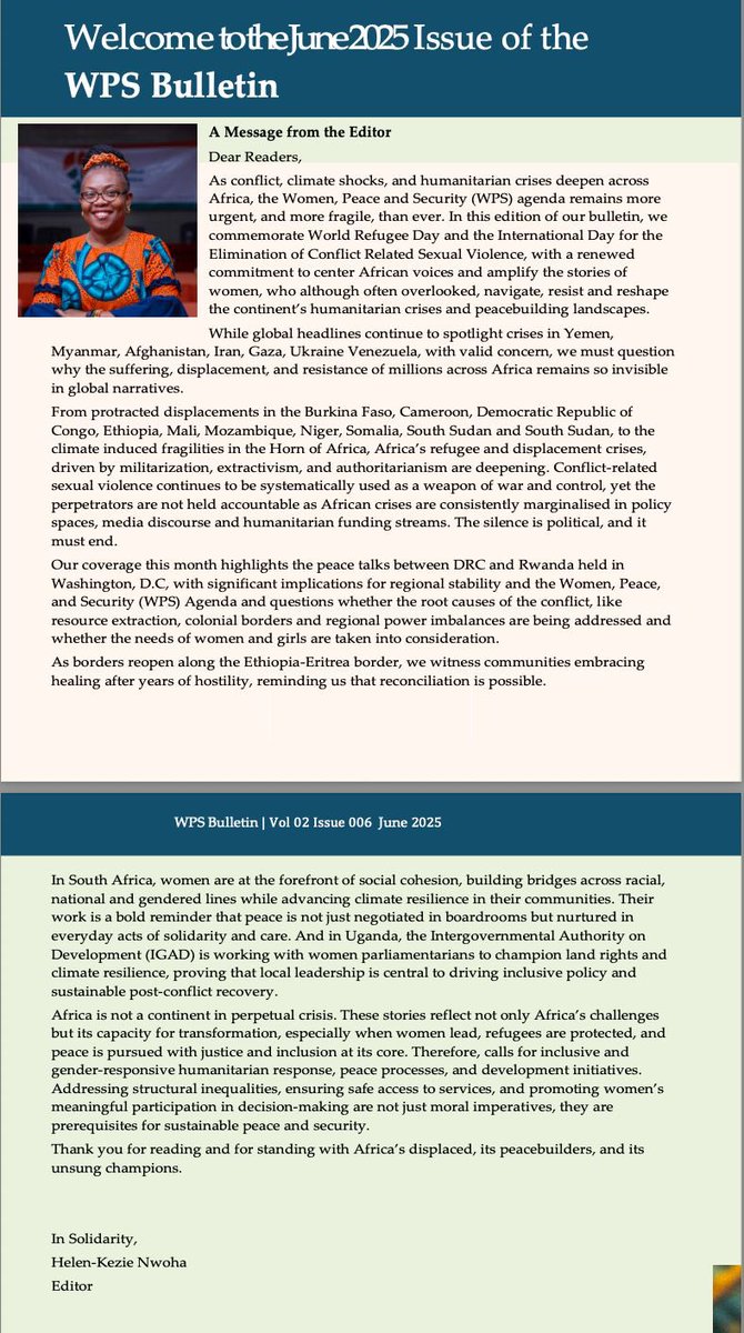 Our June 2025 Bulletin is here! This issue tackles the pressing challenges of conflict, climate change, &amp; humanitarian crises across Africa. Dive into our insights on empowering civil society &amp; advancing the #WPS agenda. Read more: rewib.org/bulletin/rewib… #Women4Peace