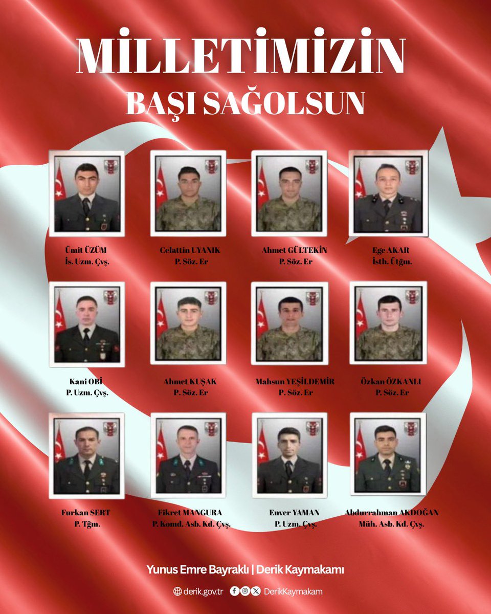 T.C. Derik Kaymakamlığı (@derikkaymakam) on Twitter photo 28 Mayıs 2022 tarihinde şehit edilen kahramanımız P. Üsteğmen Nuri Melih Bozkurt’un naaşını ararken, Pençe-Kilit Harekâtı bölgesinde şehit olan Kahramanlarımıza Allah’tan rahmet, ailelerine ve milletimize başsağlığı dileriz. 🇹🇷
<a href="/TC_icisleri/">T.C. İçişleri Bakanlığı</a>
<a href="/Mardin_Valiligi/">Mardin Valiliği</a>
<a href="/iletisim/">T.C. İletişim Başkanlığı</a> 28 Mayıs 2022 tarihinde şehit edilen kahramanımız P. Üsteğmen Nuri Melih Bozkurt’un naaşını ararken, Pençe-Kilit Harekâtı bölgesinde şehit olan Kahramanlarımıza Allah’tan rahmet, ailelerine ve milletimize başsağlığı dileriz. 🇹🇷
<a href="/TC_icisleri/">T.C. İçişleri Bakanlığı</a>
<a href="/Mardin_Valiligi/">Mardin Valiliği</a>
<a href="/iletisim/">T.C. İletişim Başkanlığı</a>