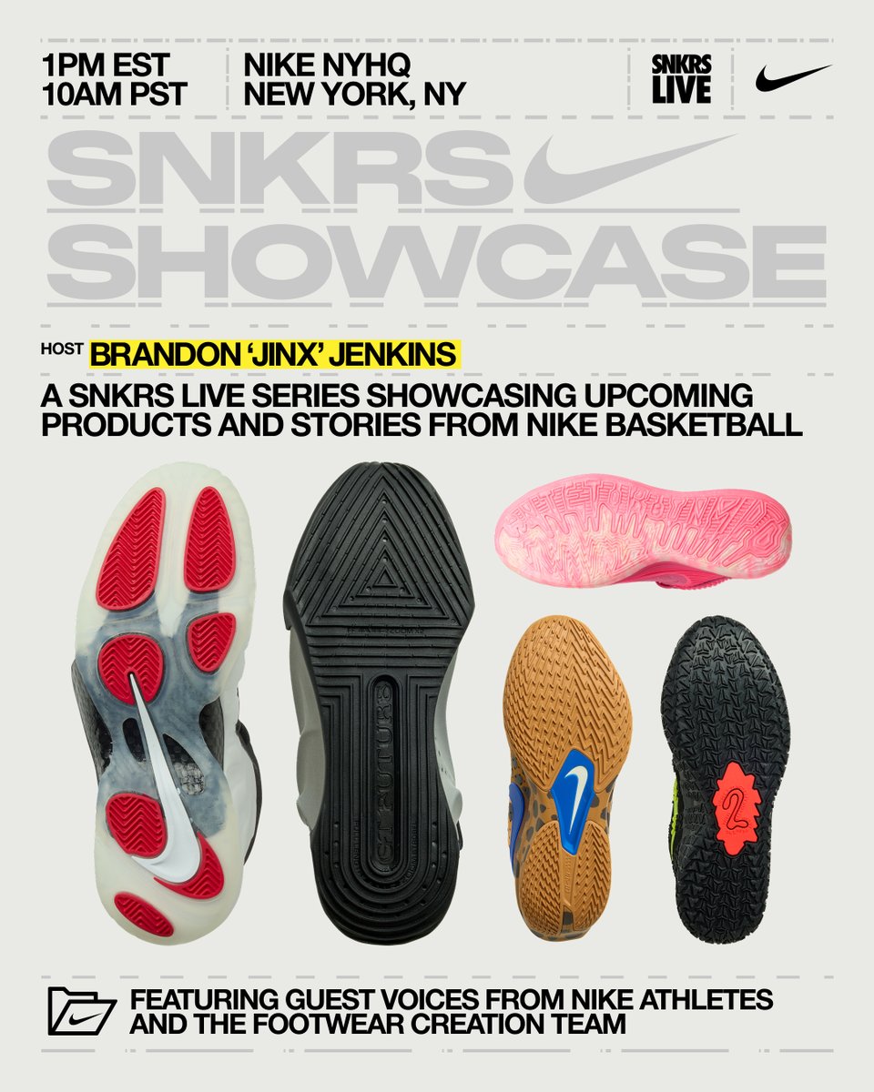 Nike.com (@nikestore) on Twitter photo An official visual press release, live from New York ๐ฐ #SNKRSShowcase
<a href="/brandonjinx/">brandon / jinx / big jinx</a> is back to host another round, highlighting <a href="/nikebasketball/">Nike Basketball</a>'s upcoming lineup.
Join us 7.8 at 10am PT/ 1pm ET, only on the SNKRS app: go.nike.com/ngzu6DgPFXP An official visual press release, live from New York ๐ฐ #SNKRSShowcase
<a href="/brandonjinx/">brandon / jinx / big jinx</a> is back to host another round, highlighting <a href="/nikebasketball/">Nike Basketball</a>'s upcoming lineup.
Join us 7.8 at 10am PT/ 1pm ET, only on the SNKRS app: go.nike.com/ngzu6DgPFXP