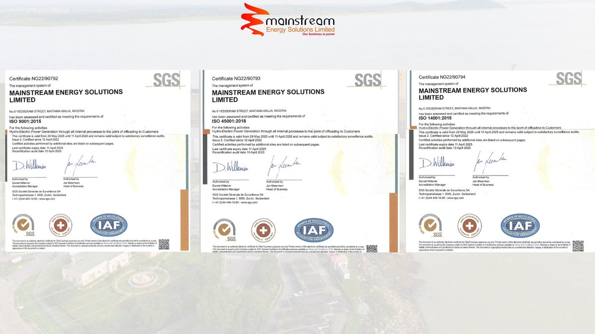Mainstream Energy
Solutions Limited is proud to once again be officially recertified for:
✅ISO 9001:2015 - Quality Management System
✅ISO 45001:2018 - Occupational Health and Safety
Management System
✅ISO 14001:2015 - Environmental Management System. 

#SettingTheStandard