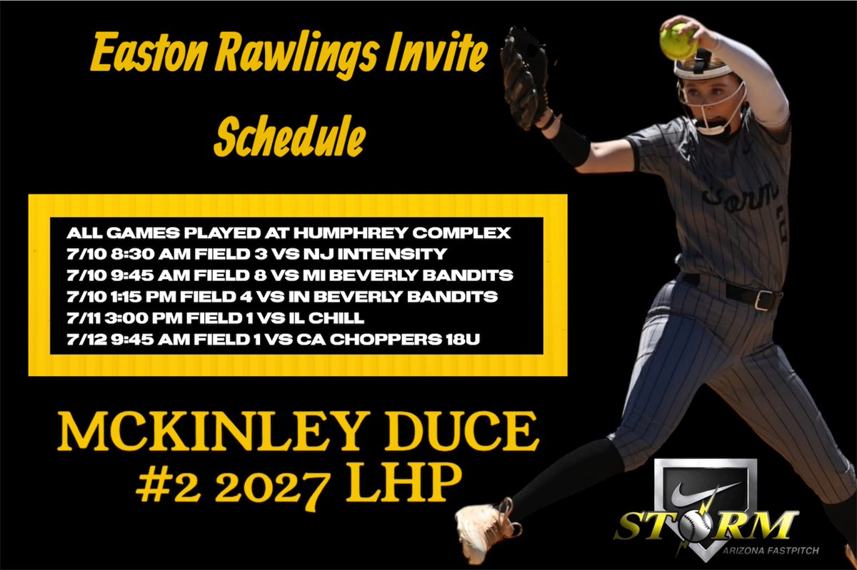 McKinley Duce (@mckinleyduce2) on Twitter photo I will be playing this weekend in the Easton Rawlings Invite in Orland Park, Ill. I will be playing with a group of talented, uncommitted players in the Storm organization. Come check us out! <a href="/AZStormFastptch/">Arizona Storm Fastpitch</a> <a href="/MathisStorm/">AZ Storm National Mathis</a> <a href="/AZStorm_Mendez/">AZStorm_Mendez Fastpitch</a> I will be playing this weekend in the Easton Rawlings Invite in Orland Park, Ill. I will be playing with a group of talented, uncommitted players in the Storm organization. Come check us out! <a href="/AZStormFastptch/">Arizona Storm Fastpitch</a> <a href="/MathisStorm/">AZ Storm National Mathis</a> <a href="/AZStorm_Mendez/">AZStorm_Mendez Fastpitch</a>