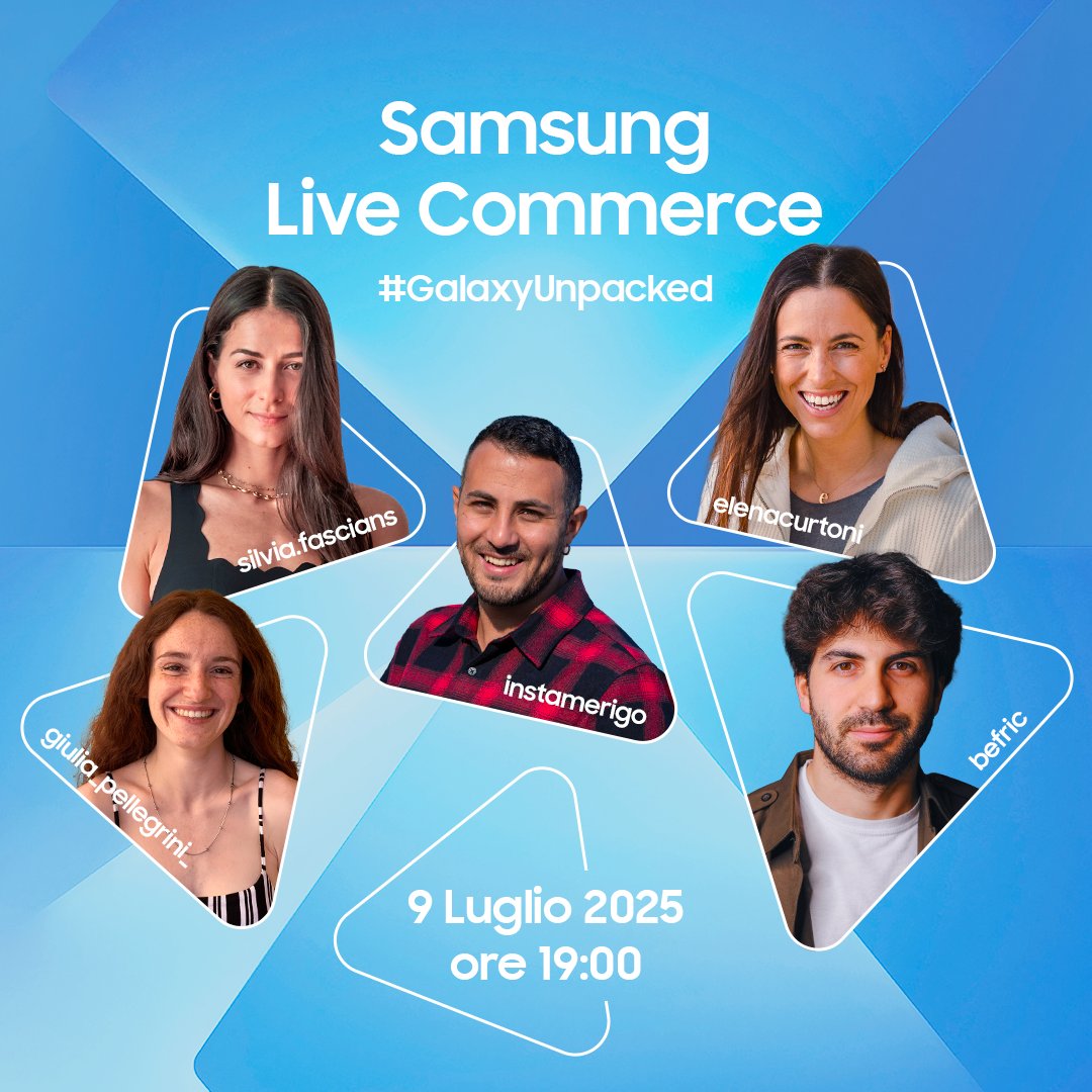 Save the date! 📅

Mercoledì 9 luglio alle ore 19:00, seguici sui canali social e guarda in diretta la nostra Live Commerce  🎥💬

Insieme a Befric, Elena Curtoni, Giulia Pellegrini, Amer Nour e Silvia Fascians  faremo un viaggio alla scoperta dei nuovi #GalaxyFoldable! 📱✨

Ti