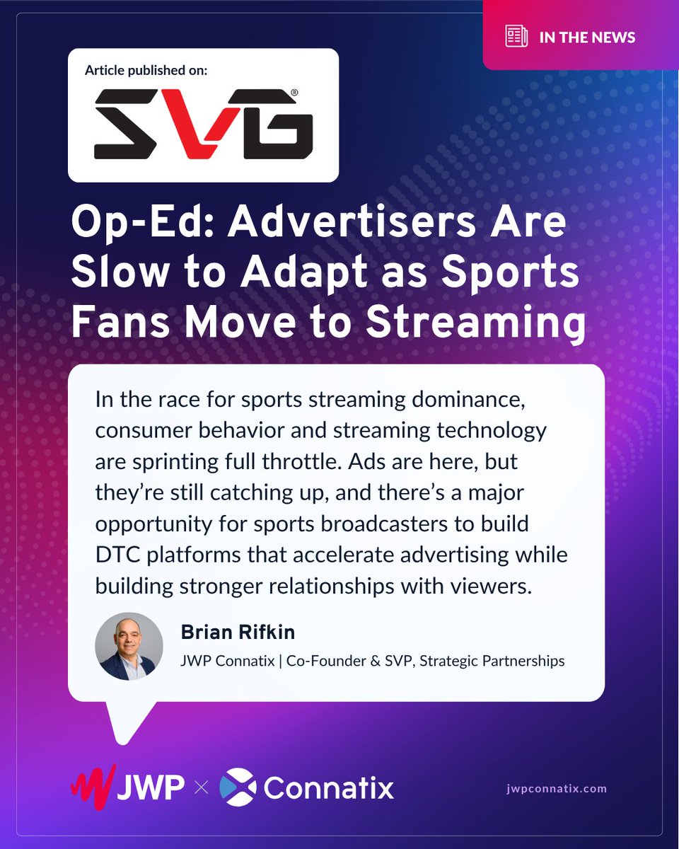JW Player (@jwplayer) on Twitter photo In his latest byline for <a href="/sportsvideo/">Sports Video Group</a>, JWP Connatix Co-Founder & SVP Brian Rifkin shares his insights on how tools like DTC streaming platforms are helping broadcasters unlock ad revenue and strengthen fan relationships
hubs.li/Q03w283F0 In his latest byline for <a href="/sportsvideo/">Sports Video Group</a>, JWP Connatix Co-Founder & SVP Brian Rifkin shares his insights on how tools like DTC streaming platforms are helping broadcasters unlock ad revenue and strengthen fan relationships
hubs.li/Q03w283F0