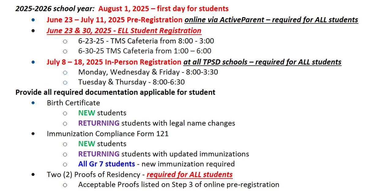 In-person registration at THS begins TOMORROW, July 8th, and concludes July 18th. All students must be registered before school starts. Hours are 8-3:30 on Monday, Wednesday, &amp; Friday and 8-6:30 on Tuesdays &amp; Thursdays.