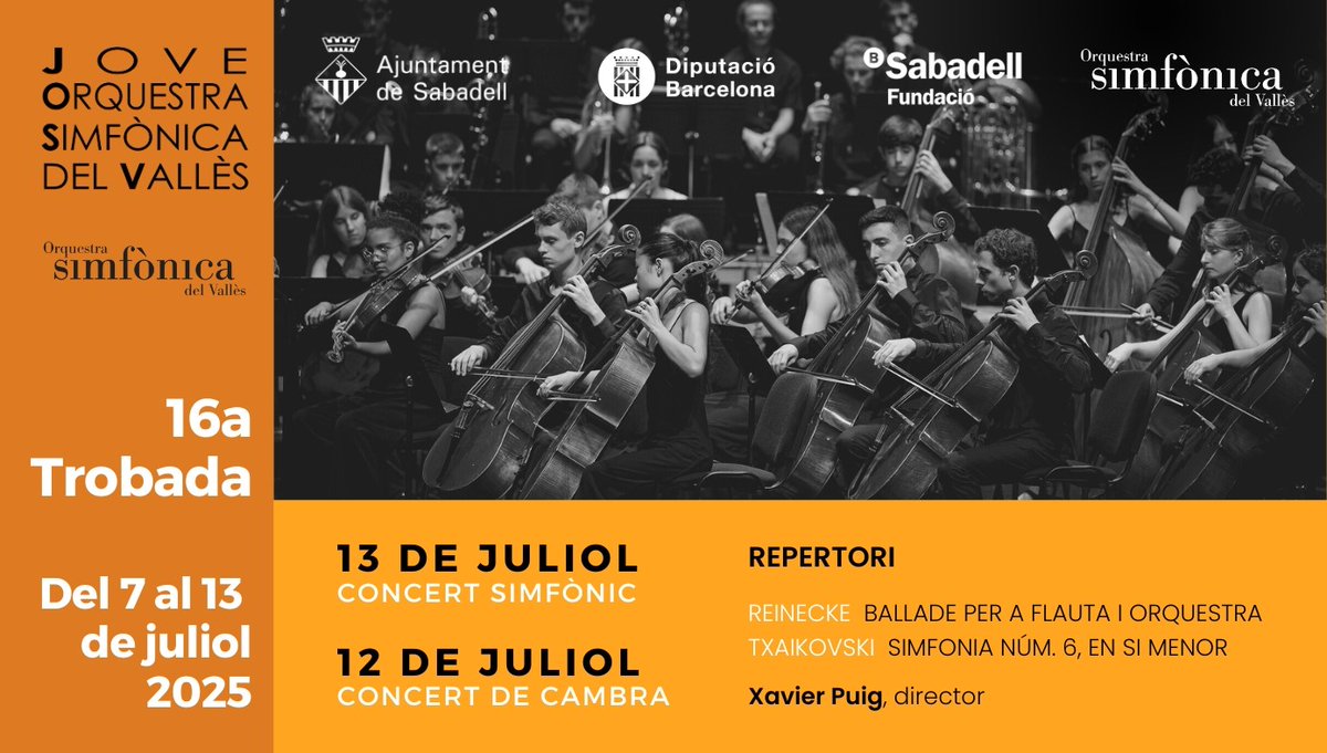 Avui hem començat la 16a Trobada de la JOSV.
Els participants aprenen al costat dels músics de l'OSV i es preparen per oferir dos concerts:
Ds. 12 juliol, 20 h - Concert Cambra JOSV
Pl. Sant Roc - Sabadell 
Dg, 13 juliol, 19.00 h - Concert Simfònic JOSV
La Faràndula de Sabadell