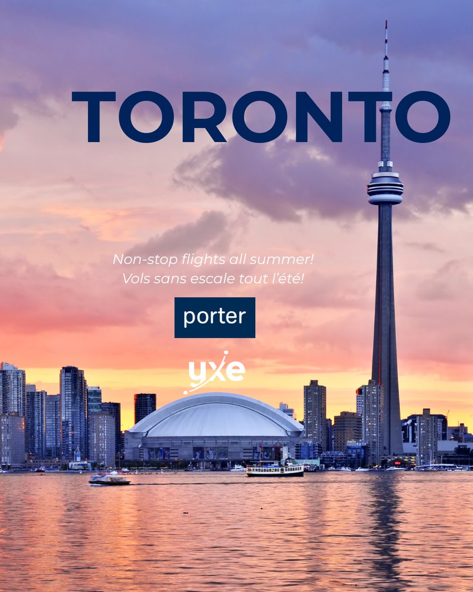 🛫🌇 Summer in TO starts with Porter’s non-stop flights from #YXEtoYYZ! Patios, festivals, and lakeside strolls are awaiting. L’été à TO débute avec les vols sans escale de Porter de #YXEàYYZ. Terrasses, festivals et balades au bord de l’eau vous attendent!