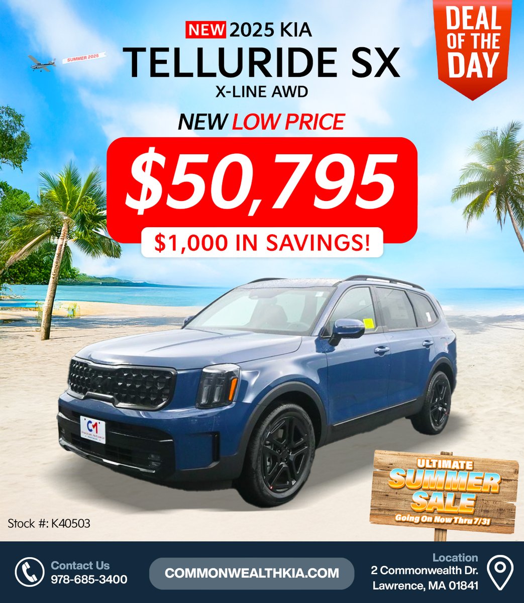 CMKIA_'s tweet image. 🔥 We're offering hot summer discounts on your favorite Kia vehicles — plus even more savings across the board. Your next adventure-ready ride is here and ready to roll!

📲 Book your test drive now at commonwealthkia.com

#KiaDeals #UltimateSummerSale #LawrenceMA #ShopUsLast