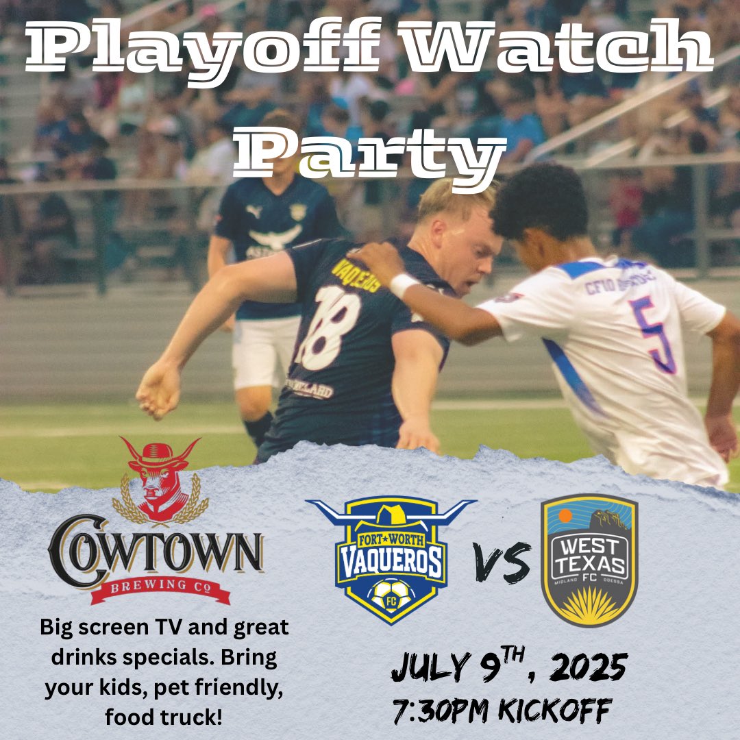 First playoff since 2019! We go this Wednesday at 7:30pm in Midland vs @westtxfc in the first round of the playoffs! 

Come support the boys at our watch party at @cowtownbrew at 7:30pm and the brewery is both kid and pet friendly!