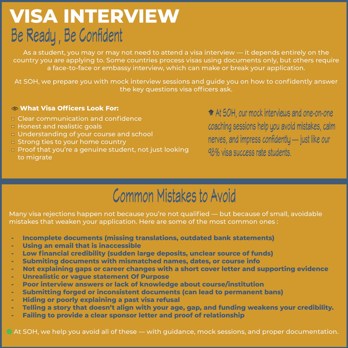 SOH_INTL's tweet photo. At Study Overseas Hub , we’ve studied what makes you qualified for a visa and what makes them say “NO”

That’s why we built a Visa Success Guide that covers:
🔹 Education &amp; work gap explanations
🔹 Proof of funds (the right way)
🔹 Interview preparation 
And more

We can help you https://t.co/aeohtydVOc