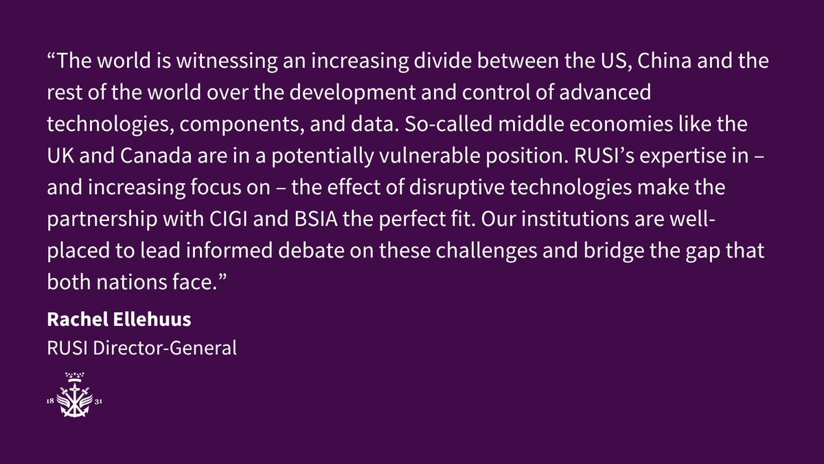 We are excited to announce that RUSI is joining <a href="/CIGIonline/">CIGI</a> and <a href="/BalsillieSIA/">Balsillie School of International Affairs</a> in a two-year partnership to explore the national security impact of disruptive tech. Learn more here: bit.ly/3TmKLlY