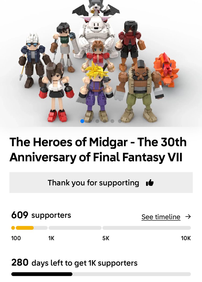 Hey everyone, please support this below proposed Lego idea by visiting the link and adding your support!

The Heroes of Midgar - The 30th Anniversary of Final Fantasy VII | LEGO® Ideas

beta.ideas.lego.com/product-ideas/…