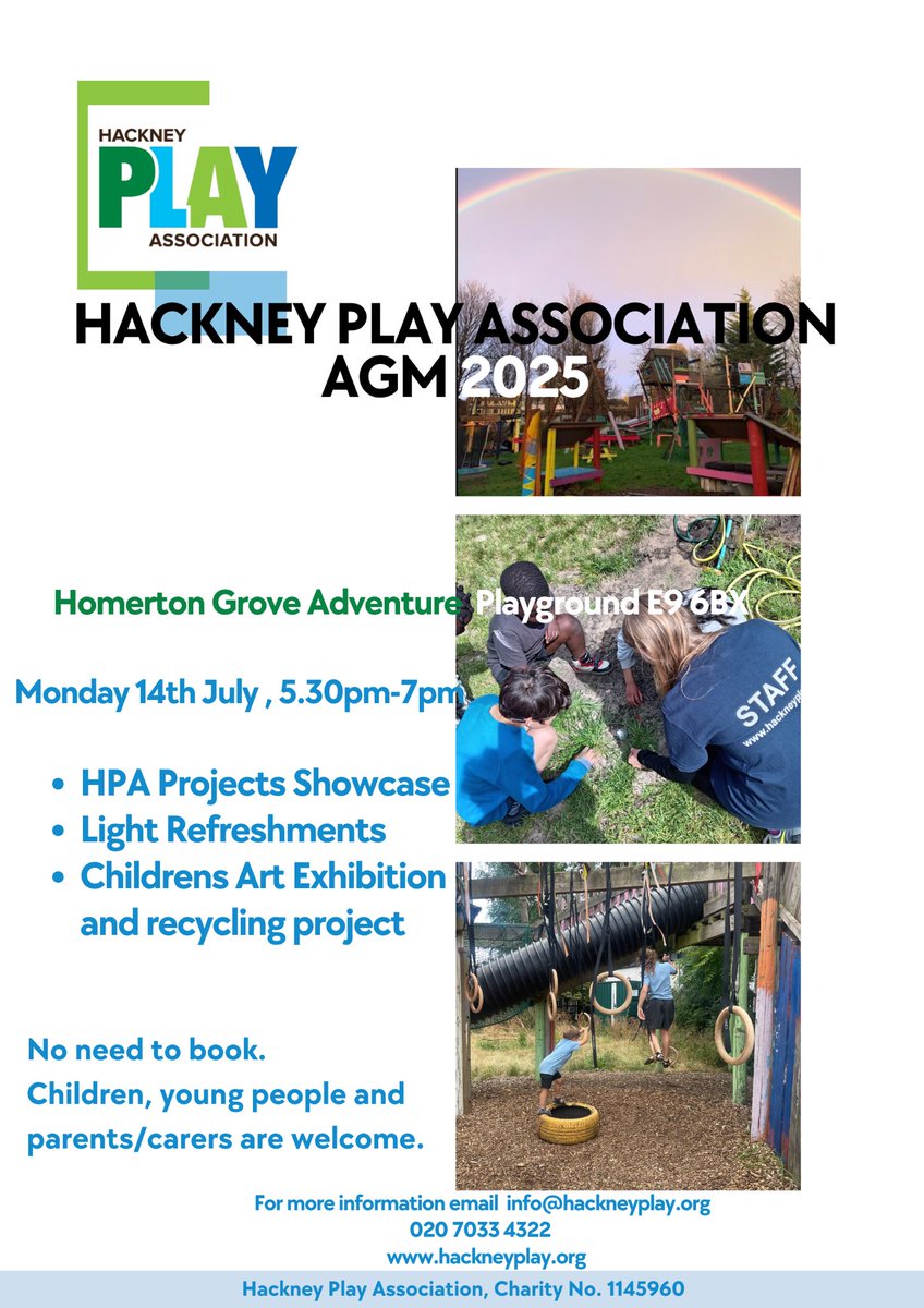 Our AGM is next Monday 14th July at Homerton Grove Adventure Playground 5.30-6.30pm