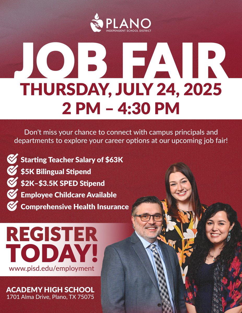 🏆 𝐓𝐞𝐚𝐦 𝐏𝐥𝐚𝐧𝐨 𝐈𝐒𝐃 𝐖𝐚𝐧𝐭𝐬 𝐘𝐎𝐔!🏆
Plano ISD is recruiting top talent to help us shape the future for our students. Join us at our upcoming Job Fair Thursday, July 24, 2025, from 2 – 4:30 PM at Academy High School!
🔗Register: pisd.edu/employment
#TeamPlanoISD