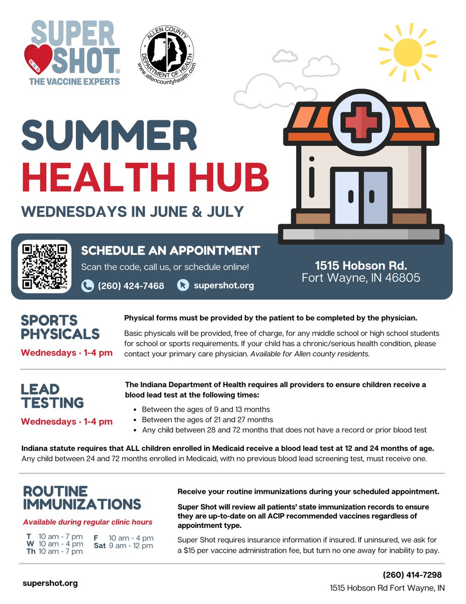 Summer Health Hubs continue this month - every Wednesday!

Routine immunizations and FREE sports physicals and lead testing available. 

Make an appointment --> tinyurl.com/3ksh986x