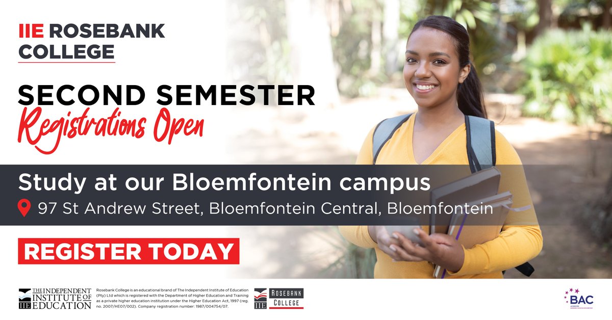 2025 second semester | Don’t pause your potential; join our vibrant Bloemfontein campus and unlock new possibilities. Apply now by visiting 97 St Andrew Street or follow this link bit.ly/3NaS9h1 to apply online.

#IIERosebankCollege #IIERosebankCollegeBloemfontein