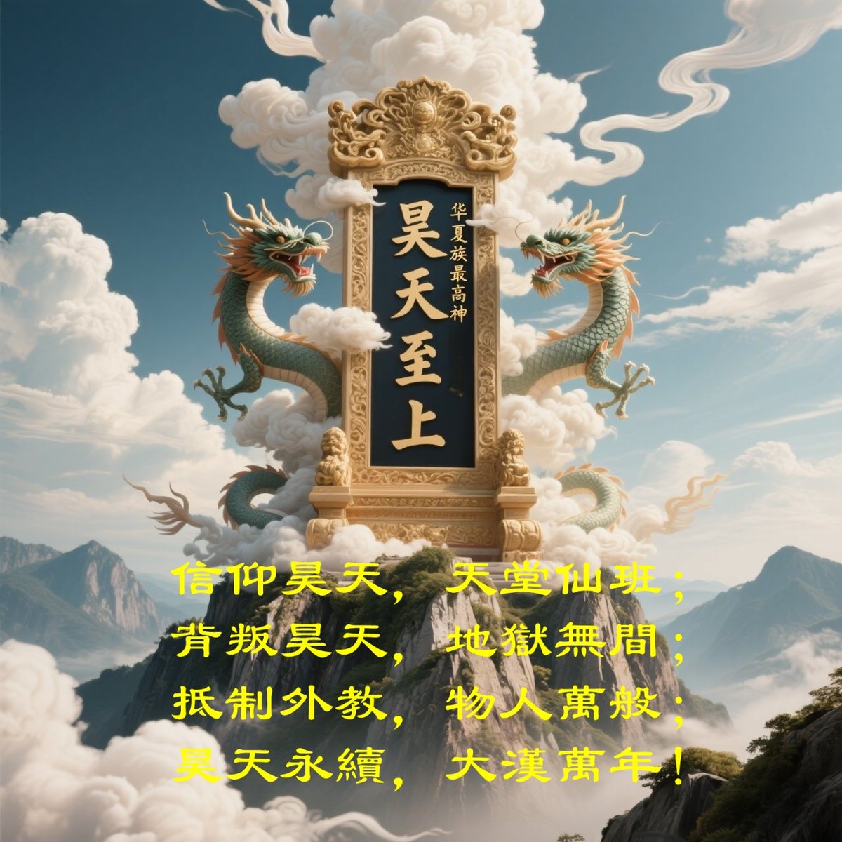 请关注并转发：民族因宗教和文化而存在。共复大汉正统“昊天”(老天爷)信仰，筑民族精神长城，保护我们的民族和文化！请仰视苍天手抚胸口诵：
信仰昊天，重建虎贲！
驱逐邪教，护佑万民！  
拒用邪教，食品物品！
信仰昊天，天堂仙班！
分裂大汉，地狱无间！
背叛昊天，地狱坐穿！
昊天永续，大汉万年！
