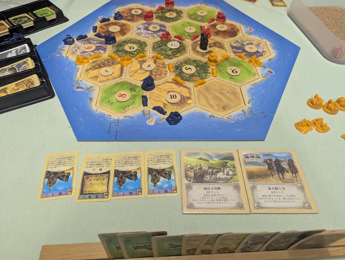 本日月曜会。カタンを３回。皆が１勝ずつという平和かと思いきや、これはもうおばっさんの１人勝ちと言っても良いような内容でした。物量と数字の暴力で俺達の心を粉砕しに来ておった。
山ちゃんと「あの男を何とかしろ！」「会長が何とかして下さいよ！」言いながらの大騒ぎよ。俺達は頑張った。