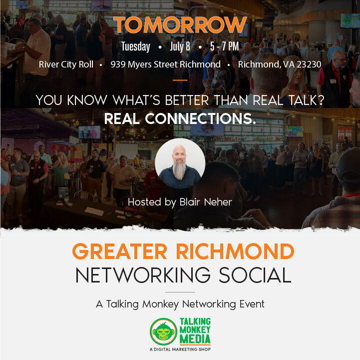 talkingmonkeyva's tweet photo. 🚨 Happening Tomorrow! 🚨

Greater Richmond Networking Social — sponsored by Talking Monkey Media 🐒

🗓 July 8 | 🕔 5–7 PM | 📍 River City Roll 🎳

Bring your biz cards &amp; grow your RVA network!

🎟 https://t.co/AxH8i4UgcA

#RichmondNetworking #RVAEvents #TalkingMonkeyMedia https://t.co/Ic5A4hyPZo