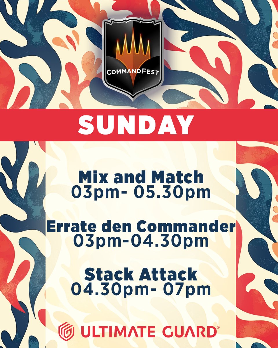 Get ready for  #CommandFest2025 Bonn July 11th-13th! 
#UltimateGuard brings you plenty of entertainment at our stage!
Our team welcomes you to play a game of Treachery #MtGCommander and participate in all of our events and shows.
So sleeve up and bring your favourite deck!