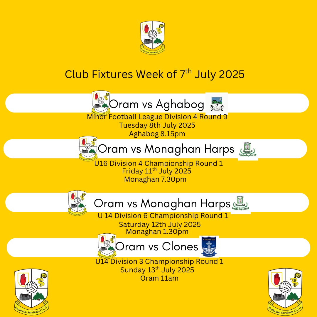 Weekly Fixtures
Get all the latest news on the Oram Sarsfields GAA app member.clubspot.app/club/oram-sars…