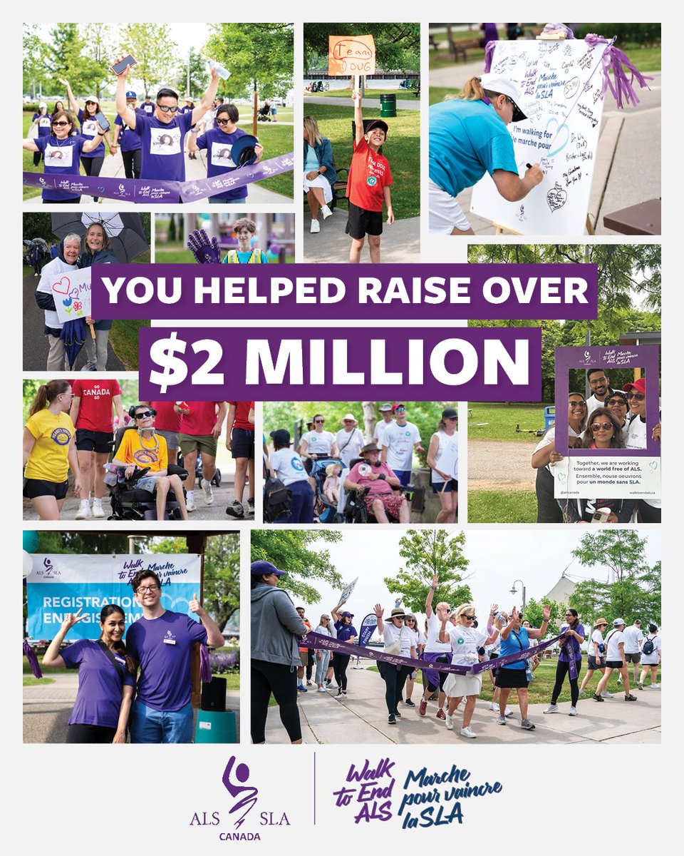 ALSCanada's tweet image. Exciting news – we surpassed our goal! 🎉
Thanks to your generosity, we raised more than $2 million for the ALS Canada #WalkToEndALS – an incredible milestone we haven’t hit since 2019. From all of us at ALS Canada, thank you for making this Walk season truly unforgettable 💜.…
