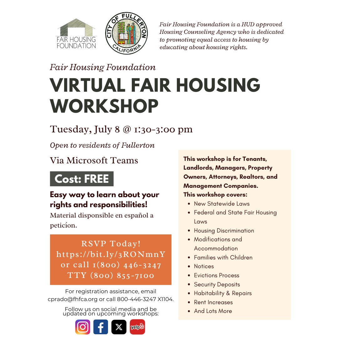 FairHousingFoun's tweet image. City of Fullerton residents! Our Virtual Fair Housing Workshop is tomorrow, July 8, at 1:30 PM via Zoom. FREE event! Register at bit.ly/3RONmnY or call 1(800) 446-3247 | TTY (800) 855-7100
#fairhousing #fullerton #education #rent #workshop