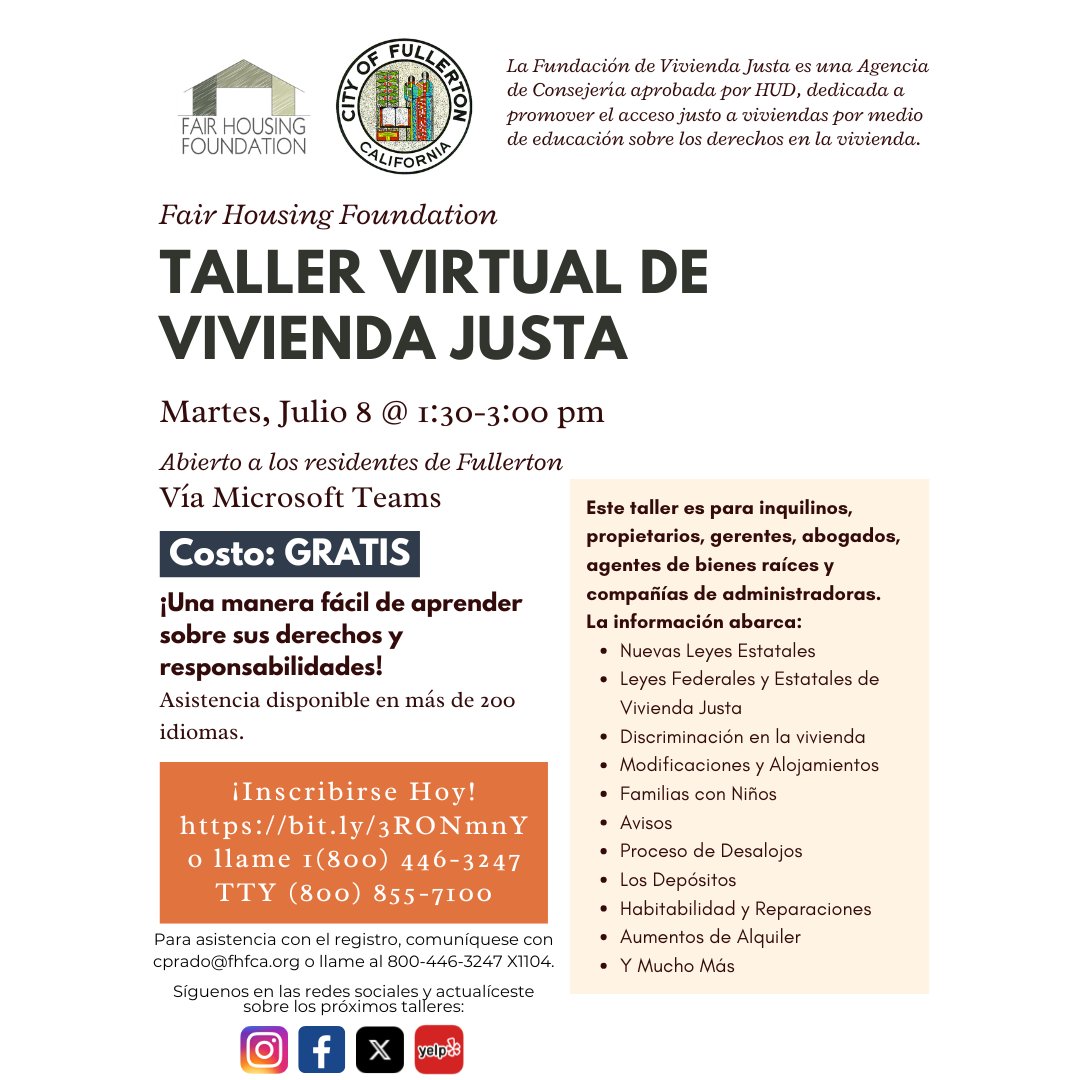 FairHousingFoun's tweet image. City of Fullerton residents! Our Virtual Fair Housing Workshop is tomorrow, July 8, at 1:30 PM via Zoom. FREE event! Register at bit.ly/3RONmnY or call 1(800) 446-3247 | TTY (800) 855-7100
#fairhousing #fullerton #education #rent #workshop