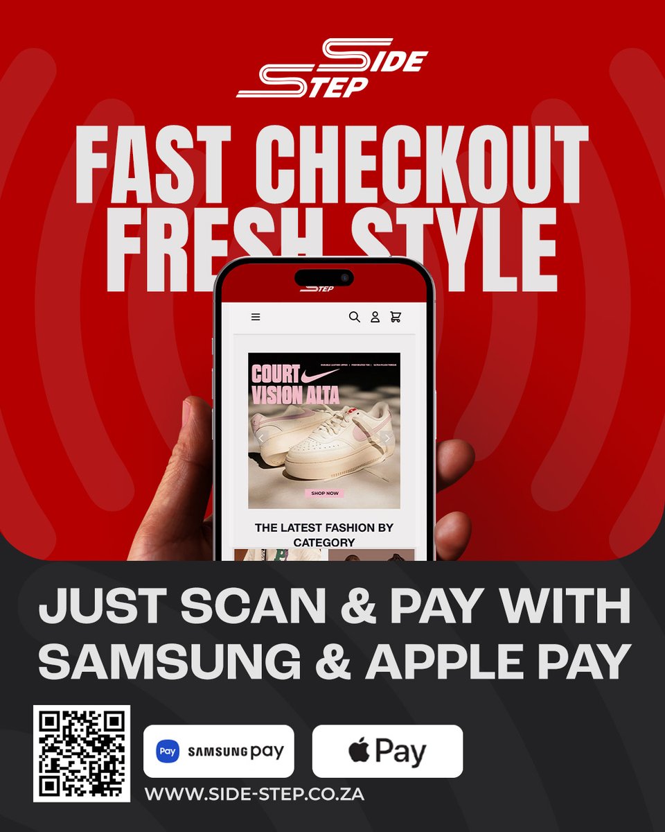 sidestep_SA's tweet image. Side Steppers, listen up! 📢 Apple Pay & Samsung Pay are LIVE on our site. Cop the freshest kicks & drip with a tap.
#SideStep #SamsungPay #ApplePay