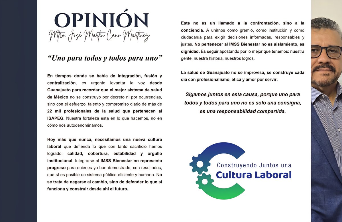 sntsa_37's tweet photo. En tiempos que exigen unidad, el Mtro. José Martín Cano Martínez nos invita a reflexionar con su columna: 'Uno para todos y todos para uno'.

#NuevaCulturaLaboral #UnidadLaboral #UnidosSomosMásFuertes https://t.co/9pvYFrnVeX
