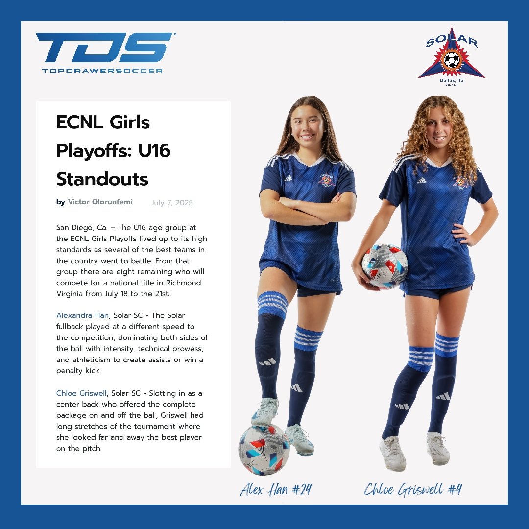 Thank you <a href="/TopDrawerSoccer/">TopDrawerSoccer</a> &amp; <a href="/VictorOlorunfem/">Victor Olorunfemi</a> for highlighting our players <a href="/AlexHan2027/">Alex Han</a> &amp; <a href="/griswell_chloe/">Chloe Griswell</a> for their performance at the #ecnlgirlsplayoffs.