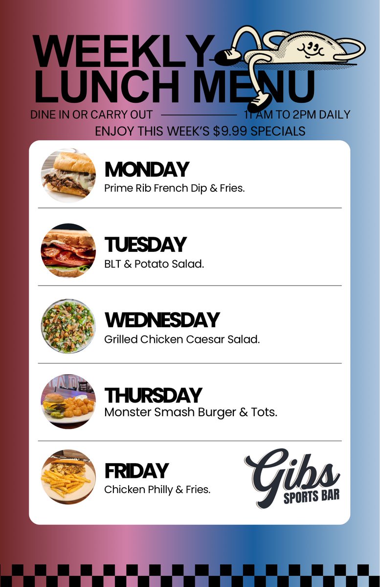 Our $9.99 weekly lunch menu is served 🍽️