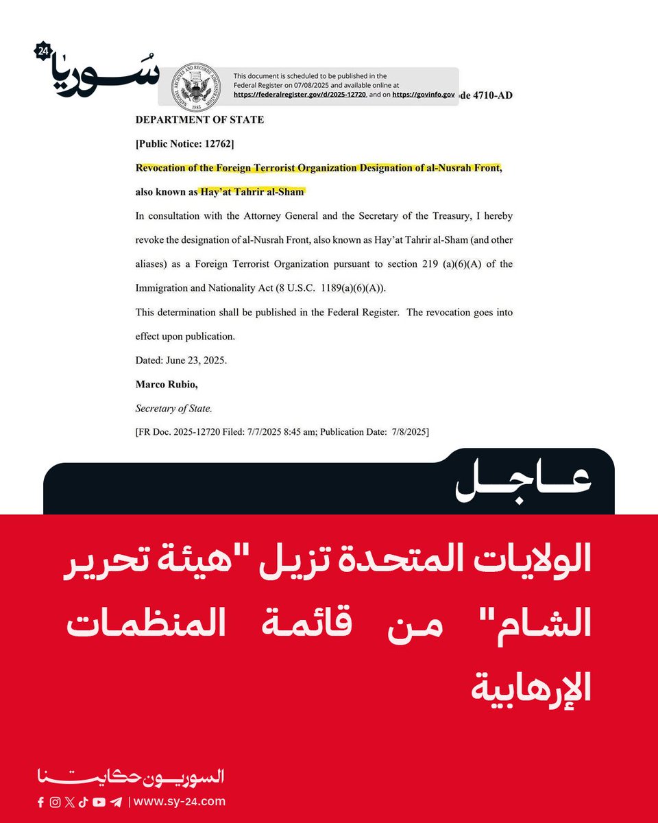 رفع هيئة تحرير الشام من قوائم الإرهاب الامريكية