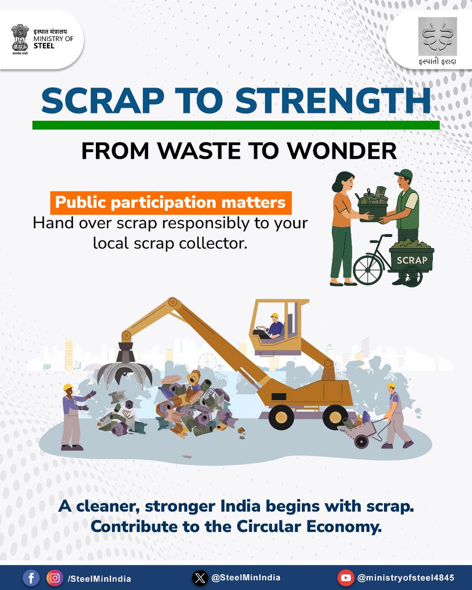 Scrap to Strength.
Maximizing scrap use is one of the most effective decarbonization pathways for emerging small-scale steel plants.
Public participation matters — hand over scrap responsibly to your local scrap collector.
A cleaner, stronger India begins with scrap. ♻️