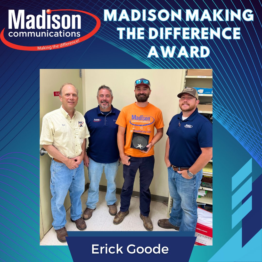 We are excited to announce that Erick Goode, Broadband Technician, was selected as the 2025 Second Quarter recipient of the Madison Making The Difference Award! Congratulations, Erick!