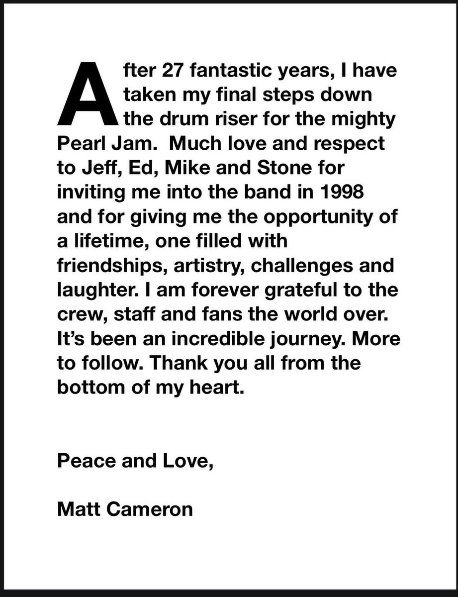 Pogopedia's tweet image. ❌ MATT CAMERON SE VA DE PEARL JAM
🥁 El baterista confirmó su salida de la banda después de 27 años. "Mucho amor y respeto para Jeff, Ed, Mike y Stone por invitarme en 1998 y darme la oportunidad de mi vida. Voy a estar agradecido por siempre", expresó en un comunicado.