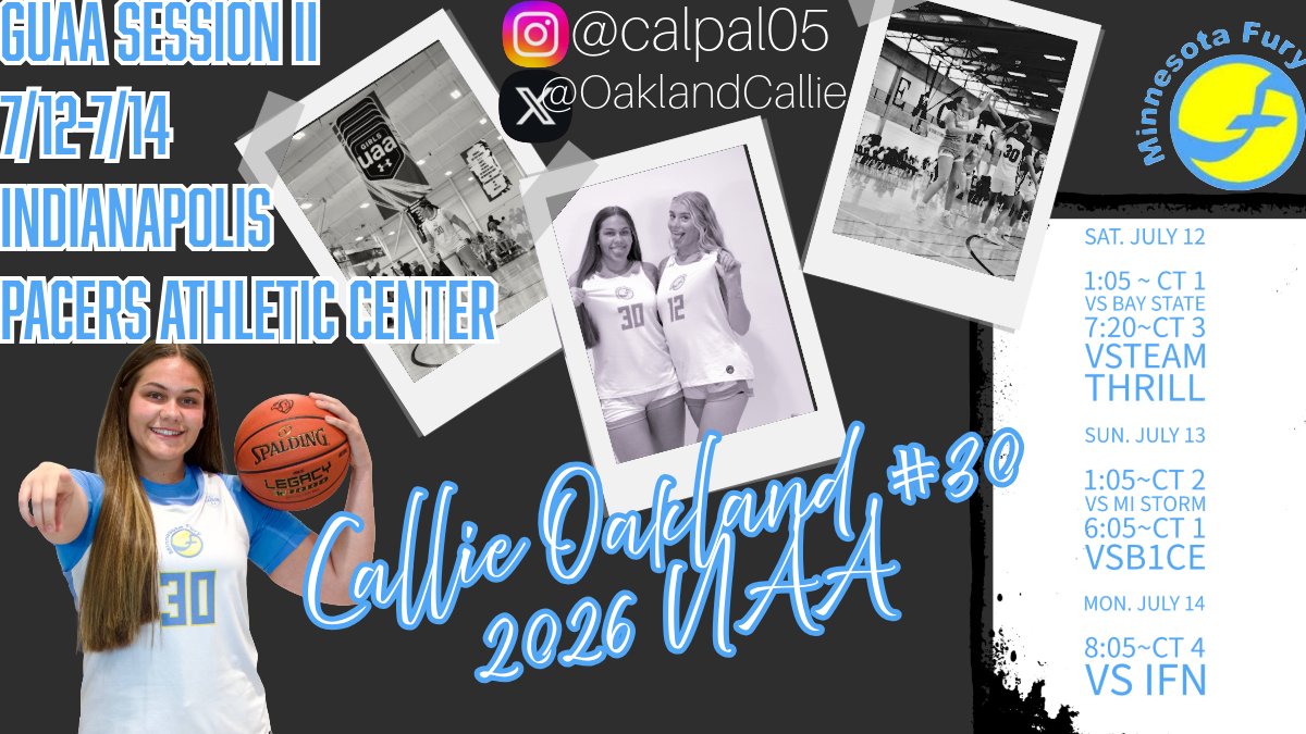 Callie Oakland (@oaklandcallie) on Twitter photo Cannot wait to back at it this wknd in Indy!! <a href="/MinnesotaFury/">Minnesota Fury AAU</a> <a href="/UANextGHoops/">Girls UAA</a> <a href="/SCLGBB/">SCL girls hoops</a>
#GUAASESSIONII schedule ⤵️ Cannot wait to back at it this wknd in Indy!! <a href="/MinnesotaFury/">Minnesota Fury AAU</a> <a href="/UANextGHoops/">Girls UAA</a> <a href="/SCLGBB/">SCL girls hoops</a>
#GUAASESSIONII schedule ⤵️