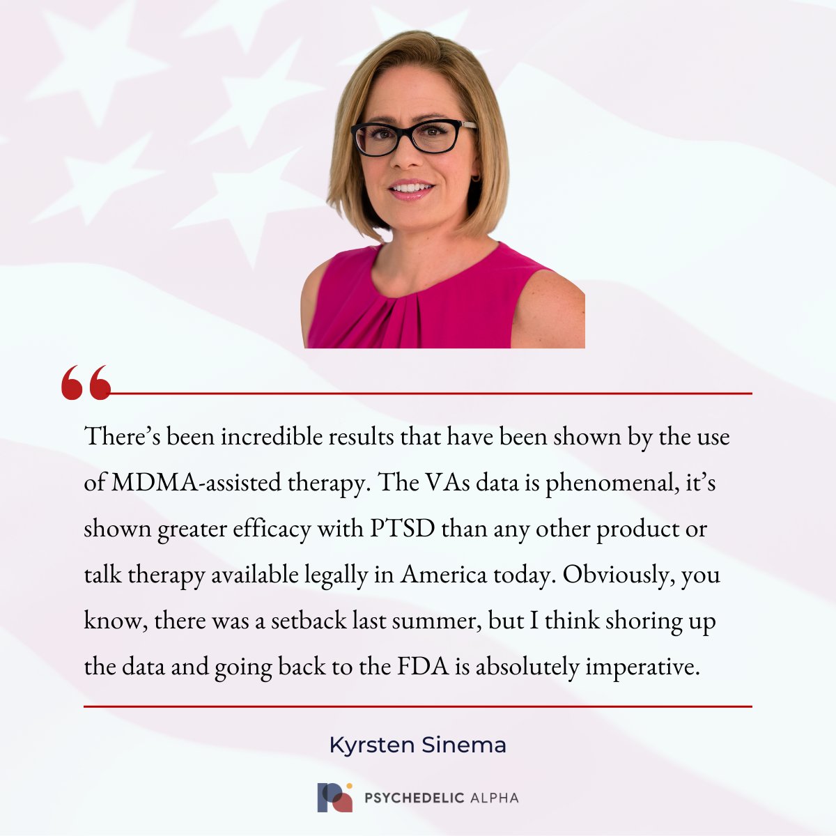 Psyched_Alpha's tweet image. Former Senator Kyrsten Sinema hopes that Lykos Therapeutics will 'shore up' its data and resubmit its new drug application for MDMA in PTSD.
Read the Interview: psychedelicalpha.com/news/from-sena…