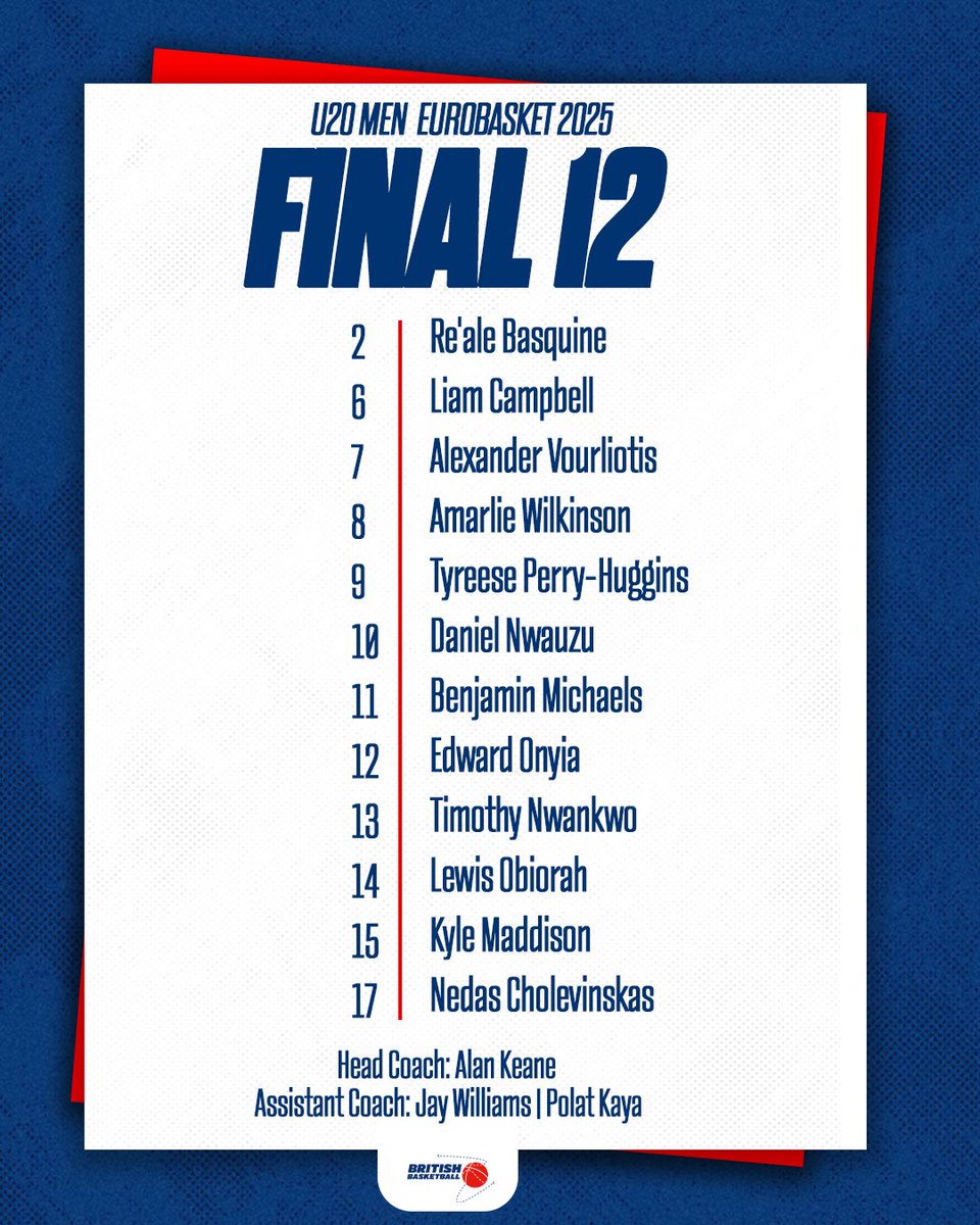 The U20 Men are up next! The final 12 have been selected and will represent GB in this year’s FIBA EuroBasket in Armenia. 🇬🇧✈️

Their first game is on Friday, against Bulgaria. All games will be available to watch on the FIBA YouTube channel 📺

#GBbasketball