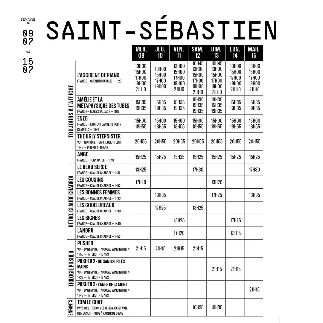 Horaires des séances pour la semaine du 9 au 15 juillet 💥

- Suite du cycle Un été sous tension avec L'Inspecteur Harry

- Début du cycle consacré à Claude Chabrol avec ses 6 premiers films 

- Trilogie Pusher

- I Love Peru de Raphaël Quenard

- ❤

#Nancy