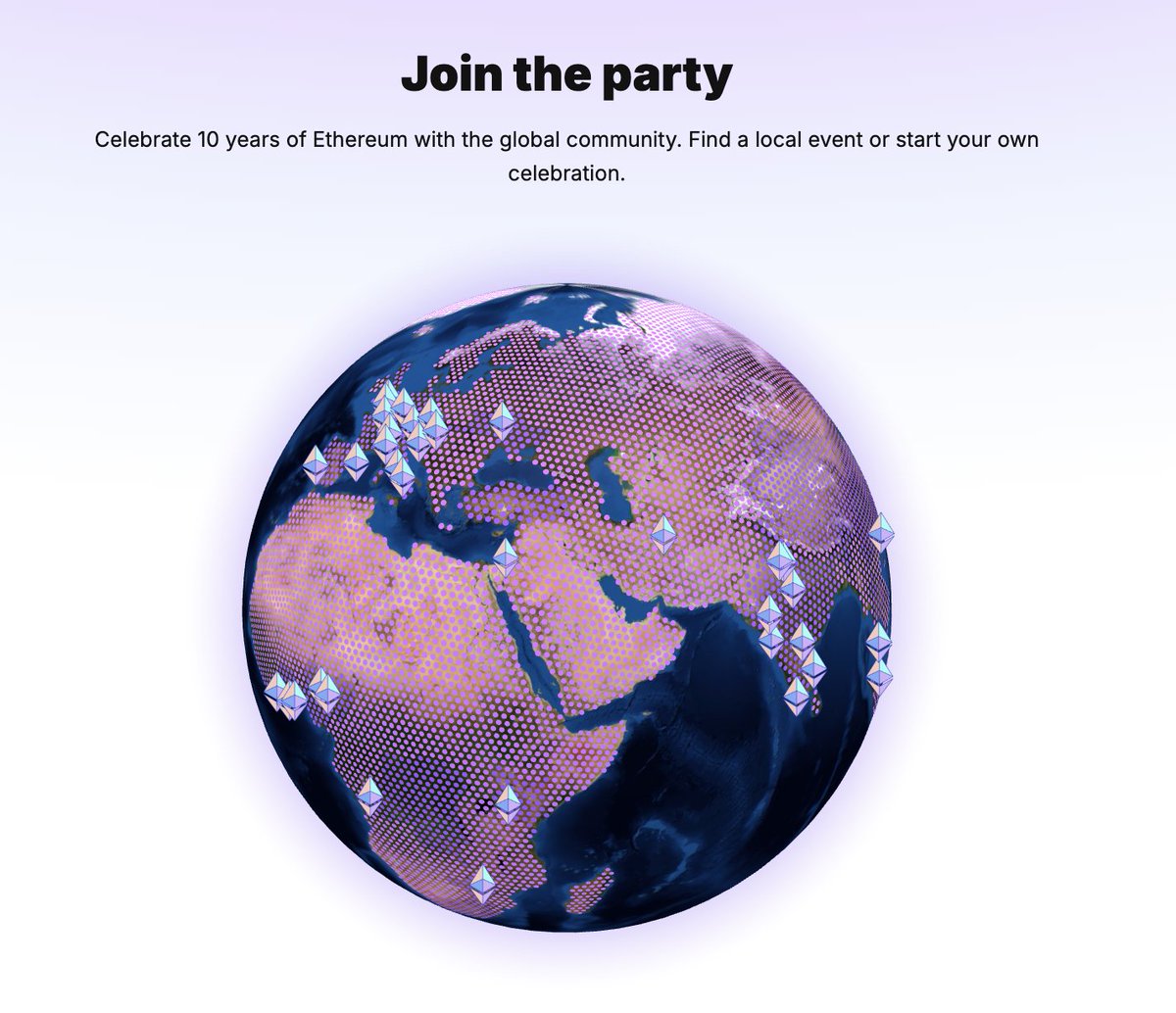 58 global meetups now planned for <a href="/ethereum/">Ethereum</a>'s 10 year anniversary:

- 9 in Africa
- 11 in Asia
- 8 in Central &amp; South America
- 20 in Europe
- 3 in North America
- 1 in Oceania
- 6 in Southeast Asia