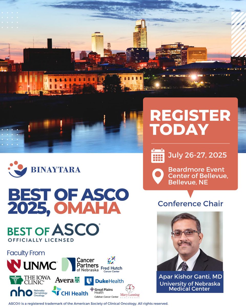Binaytara (@binaytara) on Twitter photo The CME-accredited Best of #ASCO 2025 review series is coming to #Omaha! Join Dr. Apar Kishor Ganti and other leading experts to break down the practice-changing abstracts from the 2025 ASCO® Annual Meeting. Register NOW: buff.ly/HNXYOhq <a href="/unmc/">University of Nebraska Medical Center</a> <a href="/necancerteam/">Cancer Partners of Nebraska</a> <a href="/fredhutch/">Fred Hutch Cancer Center</a> The CME-accredited Best of #ASCO 2025 review series is coming to #Omaha! Join Dr. Apar Kishor Ganti and other leading experts to break down the practice-changing abstracts from the 2025 ASCO® Annual Meeting. Register NOW: buff.ly/HNXYOhq <a href="/unmc/">University of Nebraska Medical Center</a> <a href="/necancerteam/">Cancer Partners of Nebraska</a> <a href="/fredhutch/">Fred Hutch Cancer Center</a>