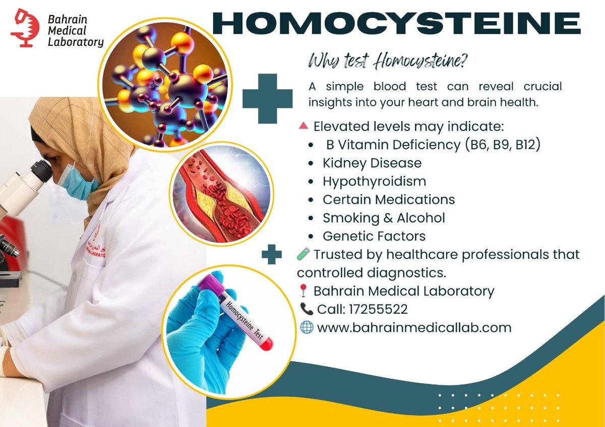 bahrain_Lab's tweet image. 🧬 Homocysteine Test ,A simple blood test for early risk detection.
High levels can signal heart, brain, or vitamin-related issues.
Test today at Bahrain Medical Lab.
📞 +973 1725 5522 | 🌐 bahrainmedicallab.com
#HomocysteineTest #HeartHealth #BahrainMedicalLab #PreventiveCare