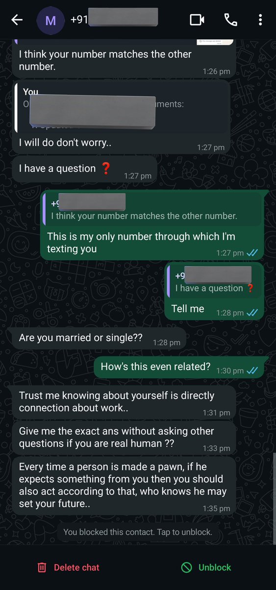 I mistakenly texted a client from my personal WhatsApp instead of the business WhatsApp which i deleted "for everyone" within 30 seconds and this is what happened today. 
I literally had to approach the legal team of the company to deal with this scumbag.

He also called me